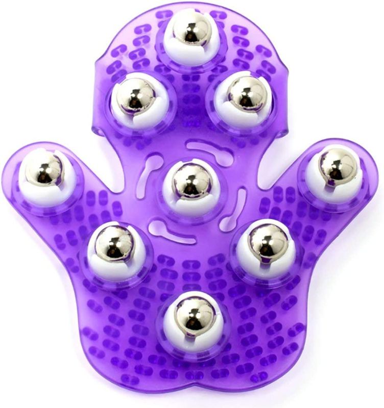 Photo 1 of  Hand Held Massager Full Body Care 360-degree-roller Metal Roller Ball Beauty Deep Tissue Massage Glove for Neck, Chest, Foot, Hamstrings, Thighs (9 Beads Purple)