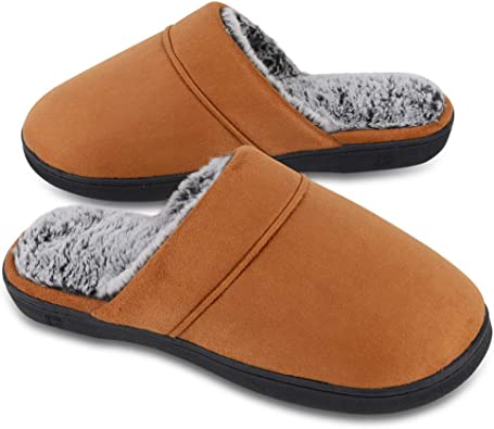 Photo 1 of DL Men's Memory Foam Slippers with Fuzzy Plush Lining, Slip on House Slippers with Indoor Outdoor Anti-Skid Rubber Sole
size medium 