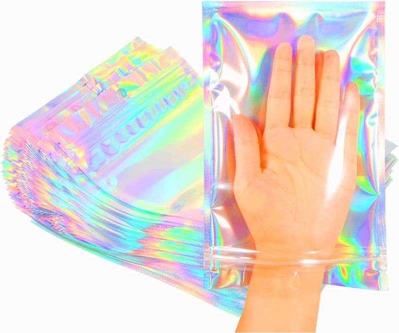 Photo 1 of  Smell Proof Bags & Resealable Foil Pouch Bag [100 PCS ] Great for Party Favor Food Storage (Holographic Color, 8 x 5.5 Inch)
