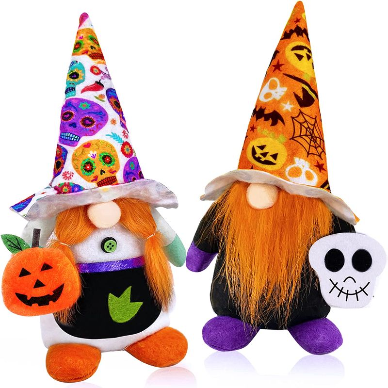 Photo 1 of 2Pcs Halloween Plush Gnomes Halloween Decorations Holds Skull Pumpkin Jack-O-Lantern Bats Witch Hat Swedish Tomte Elf Doll Halloween Decor Indoor Home Party Table Tiered Tray Gift

