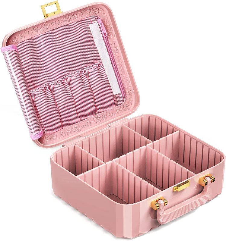 Photo 1 of  High-end Makeup Bag Travel Makeup Train Case Large Make Up Organizer Durable & Portable Cosmetic Storage Box with Adjustable Dividers & Brush Pockets for Women Girls, Rose Gold
