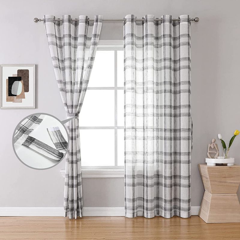 Photo 1 of  Plaid Sheer Curtains with Tiebacks Black Geometric Check Linen Look Light Filtering Semi Voile Textured Drapes for Bedroom Living Room, Set of 2 Grommet Top Window Curtain Panel, 54x84 Inch
