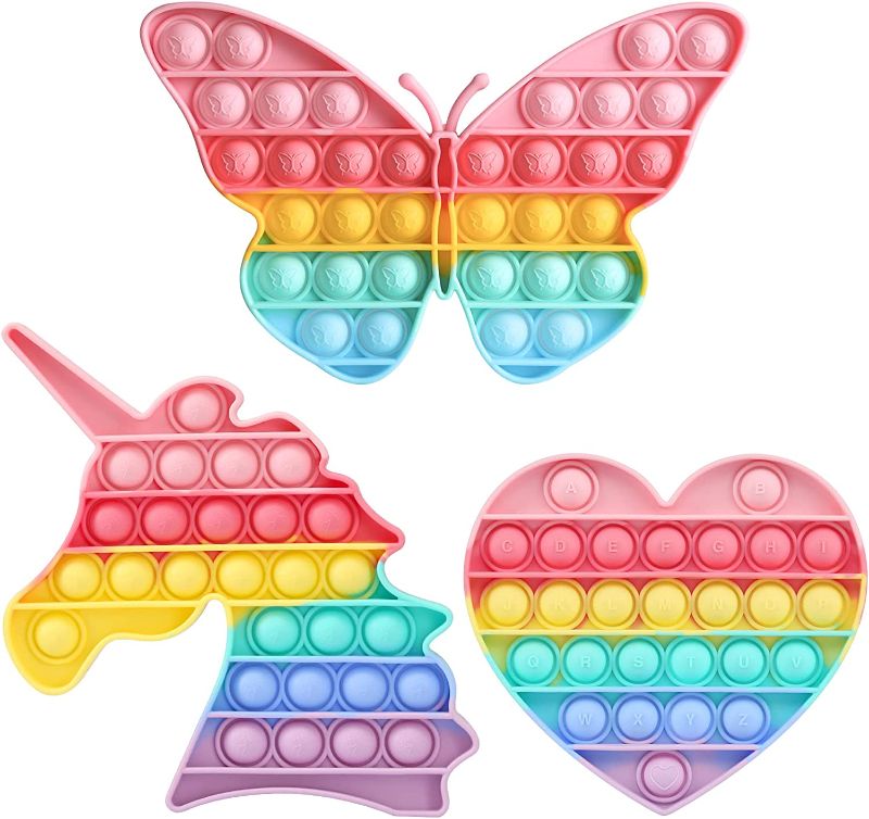Photo 1 of  Pop Butterfly Girls Toys - 3 Pack Easter Basket Stuffers Fidget Gifts for Kids, Unicorn Push Bubbles Popping Pink Rainbow Sensory Heart Alphabet Letters Learning Classroom Game Toy
