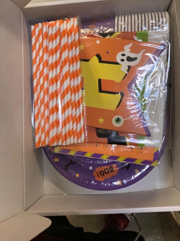 Photo 2 of  Halloween Party Supplies Serve 16, 83pcs Halloween Plates and Napkins, Include Plates, Napkins, Cups, Straws, Tablecloth and Banner
