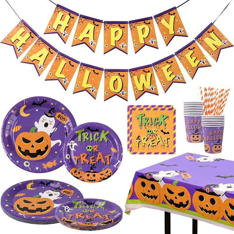 Photo 1 of  Halloween Party Supplies Serve 16, 83pcs Halloween Plates and Napkins, Include Plates, Napkins, Cups, Straws, Tablecloth and Banner
