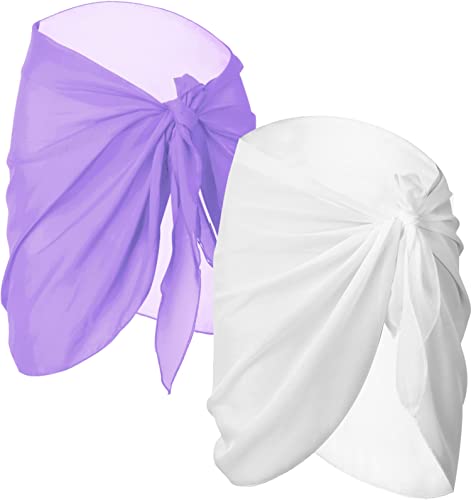 Photo 1 of 2 Pieces Sarong Coverups for Women Bathing Suit Wrap Swimsuit Skirt Beach Bikini Cover Up Swimwear Chiffon (White, Purple)
