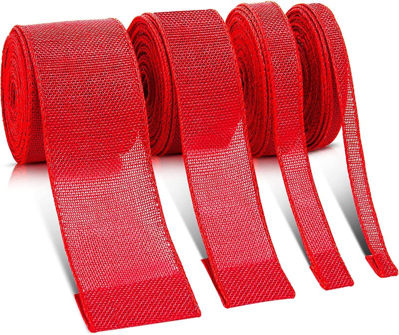 Photo 1 of 4 Rolls Burlap Fabric Wired Ribbons Natural Burlap Ribbon Rolls Cross Royal Burlap Wired Edge Ribbons for Christmas Tree Bow Wreath Decorations (Red Style)
