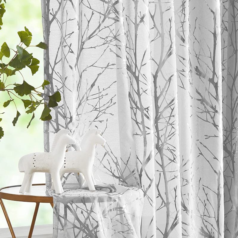 Photo 1 of  Silver Grey Sheer Curtains for Bedroom 63 inch Foil Tree Branch Window Curtain Panels for Living Room Light Filtering Curtain Drapes for Kitchen Rod Pocket
