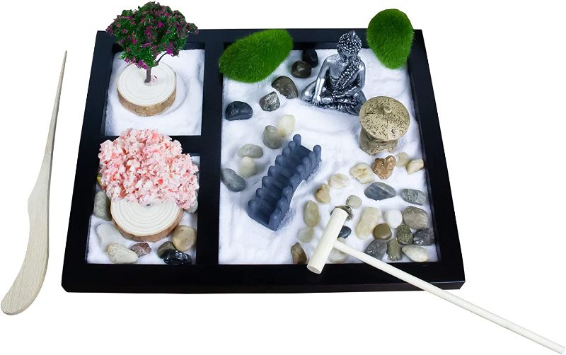 Photo 1 of Zen Garden Kit, Japanese Zen Garden with White Sand, 2 Tools, 8 Zen Accessories, Tabletop Meditation Zen Garden for Home, Office, Yoga Decor, Gifts for Relaxation and Meditation, 8.5x6.9in
