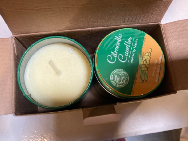 Photo 2 of 2 Packs Citronella Candles Outdoor Indoor for Summer, YOSICIL 8.0 OZ Green Portable Travel Tin Candles with Lemongrass Essential Oil, Soy Wax Fly Candles for Home Patio Garden Camping
