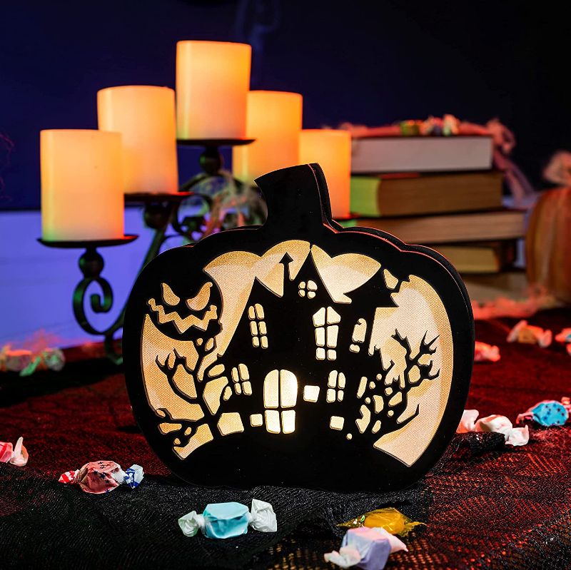 Photo 1 of  Halloween Lighted Pumpkin Shadow Box Pumpkin Decoration, Double-Sided LED Pumpkin Lamp Lantern Table Decor, Pumpkin Night Light for Kitchen Dining Bedroom Halloween Party Supplies (Black)
