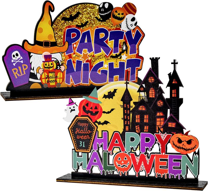 Photo 1 of 2Pcs Halloween Party Table Centerpiece Signs, Happy Halloween and Party Night Table Toppers, Wooden Halloween Table Sign Decoration for Dinner Coffee Bar
