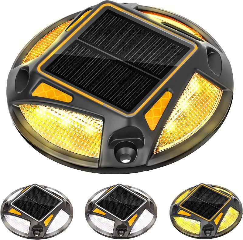 Photo 1 of 2-in-1 Solar Deck Lights, XURISEN Dock Lights Solar Powered 4 Pack 12 LED Driveway Markers 1200mAh Outdoor IP68 Waterproof Light for Walkway Step Pathway Garden Yard
