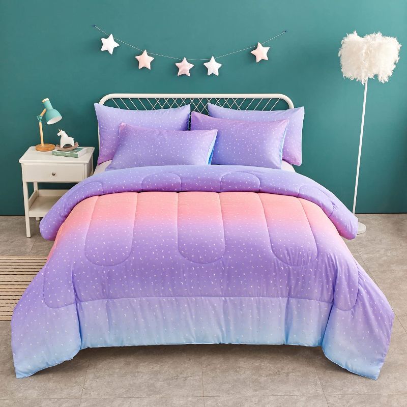 Photo 1 of  Pink Glitter Rainbow Kids Comforter Set Twin Size for Teen Girl Women, Metallic Printed Comforter with Pillowcase,Ultra Soft Microfiber 2 Piece Bedding Set,All Season (Rainbow A, Twin)
