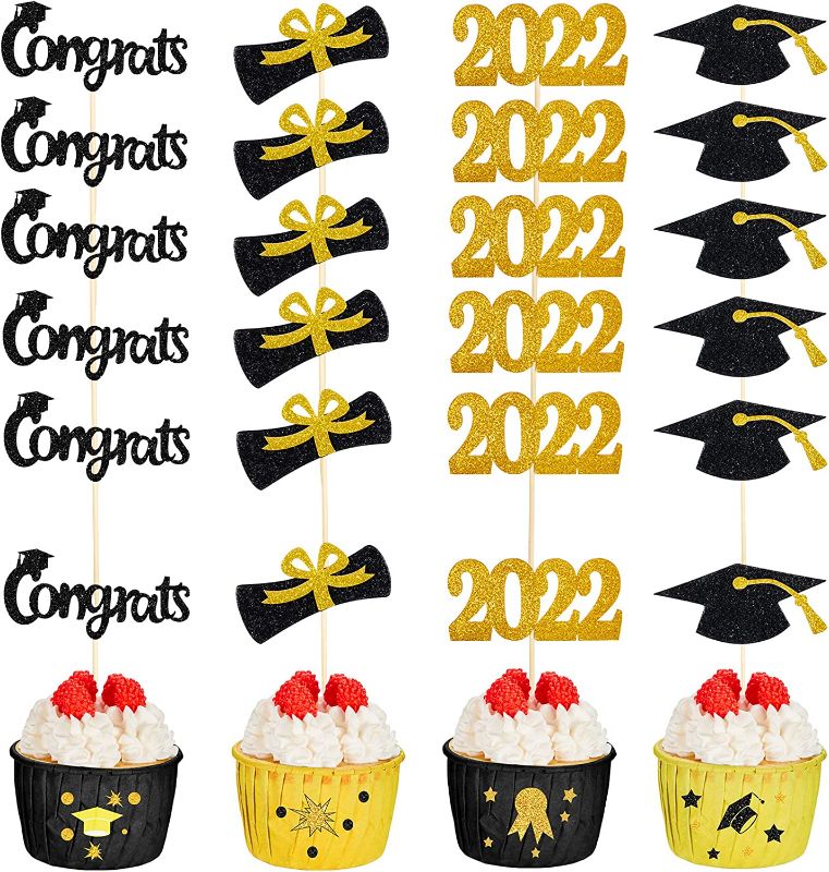 Photo 1 of 100 Pack 2022 Graduation Cupcake Toppers Grad Cap Food Appetizer Picks Cake Graduation Party Decorations Diploma Cupcake Picks for Cake Class of 2022 Graduation Theme Party Supplies (Black and Gold)
factory sealed