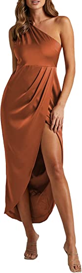 Photo 1 of  Women's One Shoulder Ruched Sleeveless Slit Split Wrap Hem Zipper Midi Dress
 SIZE M