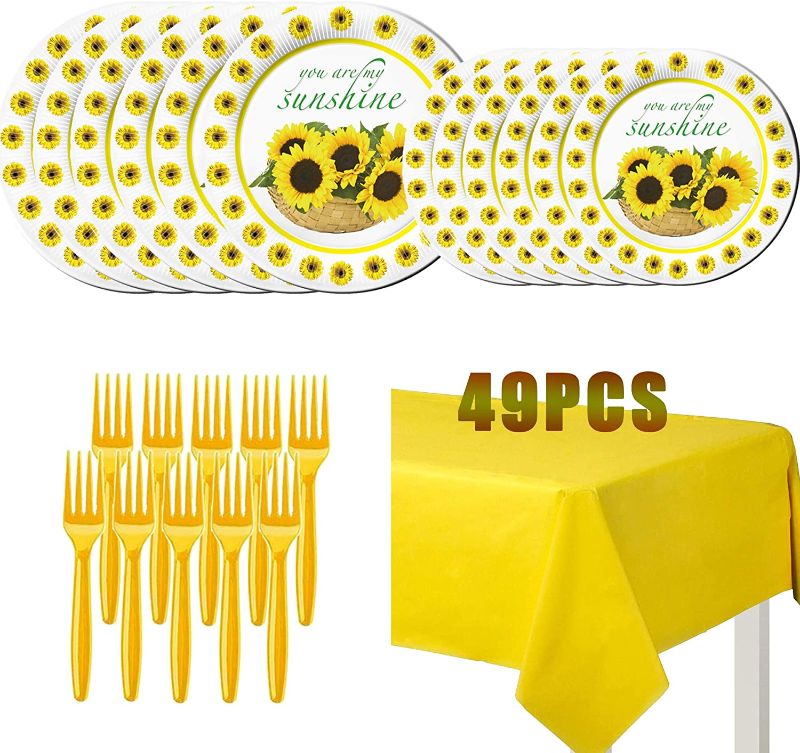 Photo 1 of 49 Sunflower Party Supplies, Birthday Party Dessert Set, 32 pcs 9 + 7 Inch Party Paper Plates, 16 pcs Forks and 1 pcs Tablecover - Party Kit for Kids Birthday Sunflower Theme Baby Shower(16 Guests)
