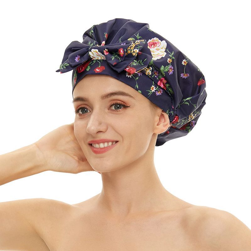 Photo 1 of Large Shower Cap for Women Long Hair Reusable Waterproof Adjustable Shower Bonnet Cap, Extra Large Capacity Shower Bath Hair Cap for All Hair Length(Dark blue-Flower)
