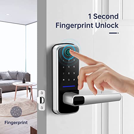 Photo 1 of  OLUMAT Keyless Entry Door Lock Fingerprint Door Locks with Keypads Electronic Digital Door Lock with Handle for Home, Rental, Office and Hotel