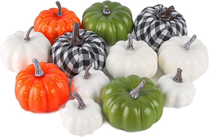 Photo 1 of 12 pcs Artificial Pumpkins Decor Assorted Color Fake Pumpkins for Table Thanksgiving Halloween Fall Decoration