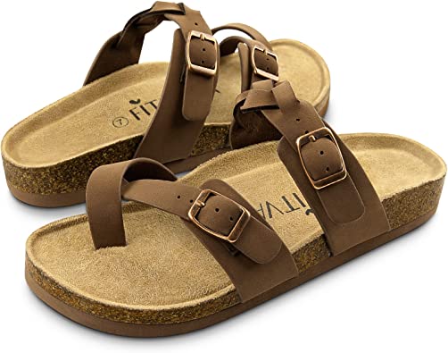 Photo 1 of Cork Footbed Women Sandals with Comfort Arch Support+ Double Adjustable Buckle, Toe-ring Slide Sandals for Summer Beach Shopping, SIZE 8 