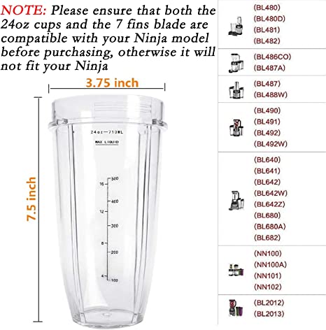Photo 1 of 24 oz Cups Compatible with Nutri Ninja Auto IQ Series Blender, Pro Replacement Parts 7 Fins Extractor Blade, Compatible for BL450-30, BL456-30, BL481-30, BL482-30, BL487, NN100 etc ONLY 1 CUP AND 1 BLADE 