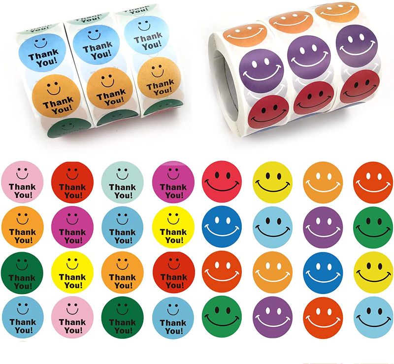 Photo 1 of 6 Rolls 3000 Pieces(1500pcs Thank You Stickers+1500pcs Smile Happy Face Stickers) 3D Fonts Labels and Come in 16 Different Designs?Bubble Mailers and Gift Bags Packaging,1 Inch
