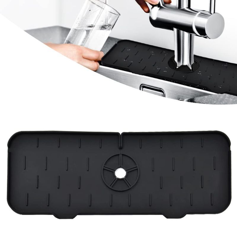 Photo 1 of 2 COUNT Silicone Kitchen Sink Splash Guard, VSTM Faucet Water Drip Catcher Mat, Sink Drain Pad Behind Faucet, CounterTop Protector Drying Mat Racks for Bathroom, Kitchen, Bar, RV and Farmhouse (Black)
