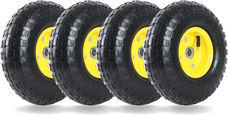 Photo 1 of (4 Pack) AR-PRO 4.10/3.50-4" All Purpose Utility Air Tires and yellow Wheel - with 10" Inner Tube, 5/8" Axle Bore Hole, 2.2" Offset Hub and Double Sealed Bearings for Hand Trucks and Gorilla Cart
