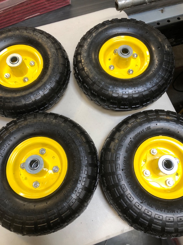 Photo 3 of (4 Pack) AR-PRO 4.10/3.50-4" All Purpose Utility Air Tires and yellow Wheel - with 10" Inner Tube, 5/8" Axle Bore Hole, 2.2" Offset Hub and Double Sealed Bearings for Hand Trucks and Gorilla Cart
