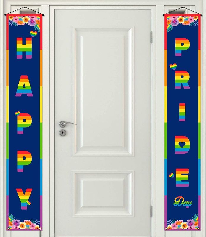 Photo 1 of 2 COUNT Happy Pride Day Front Door Banner June Love is Love LGBT Rainbow Heart Gay Lesbian Porch Decoration