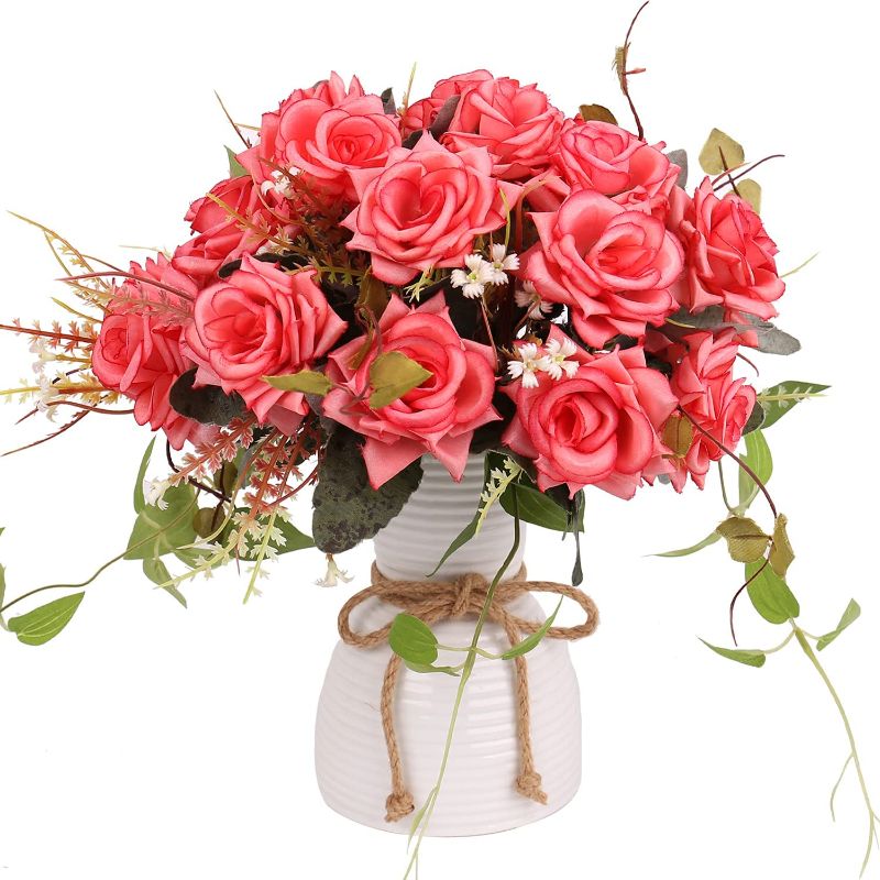 Photo 1 of Artificial Flowers with Vase Silk Fake Roses Wedding Flowers Bouquets for Home Table Office Party Patio Decoration (red-B)
, FACTORY SEALED