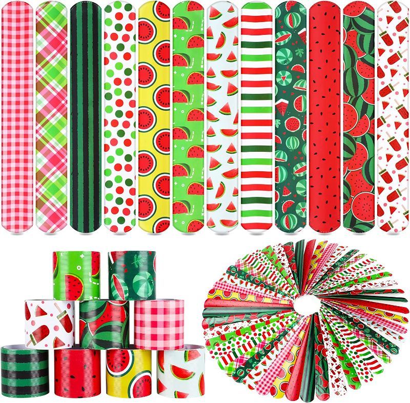 Photo 4 of 48PCS Watermelon Party Favors Slap Bracelets Set Party Wristband Hawaiian Summer Tropical Theme,Kids Adults Classroom Prize Exchanging Gifts Birthday Party Decorations Cool Summer Watermelon Party Supplies
