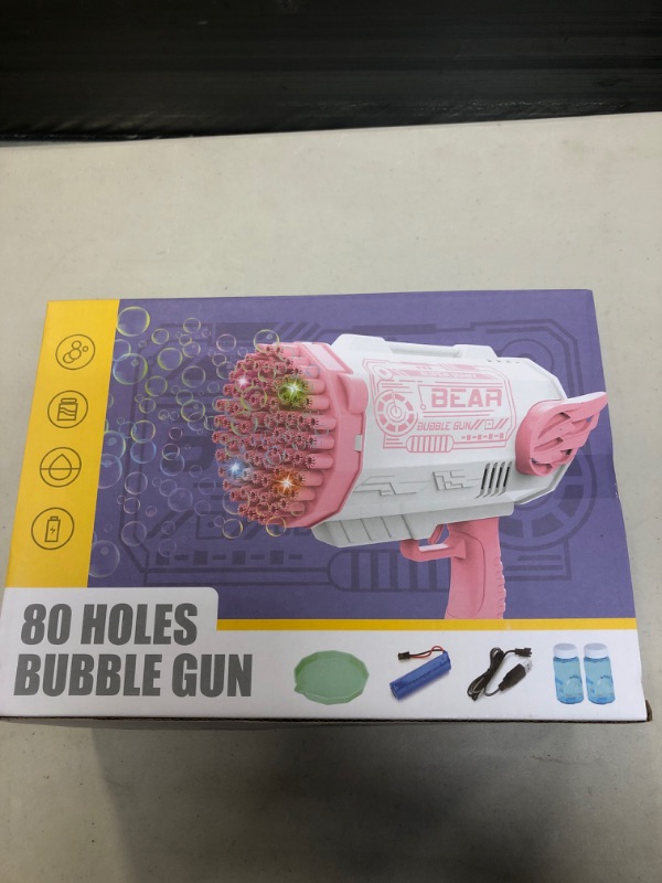 Photo 2 of 80 Hole Bubble Gun with Bubble Solution for Kids That Can Make Massive Bubbles,Electronic Automatic Bubble Blower with Lights,Best Gifts for Boys and Girls,Toddler Outdoor Toys for Kids Ages 4-8
, FACTORY SEALED