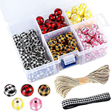 Photo 1 of DoreenBow 150 PCS Plaid Wooden Buffalo Beads,Wooden Beads,Rustic Farmhouse Polished Spacer Print Bead,Handmade Black White Red Yellow Orange Pink Beads with Hemp Rope and Cloth Strips,for DIY Crafts