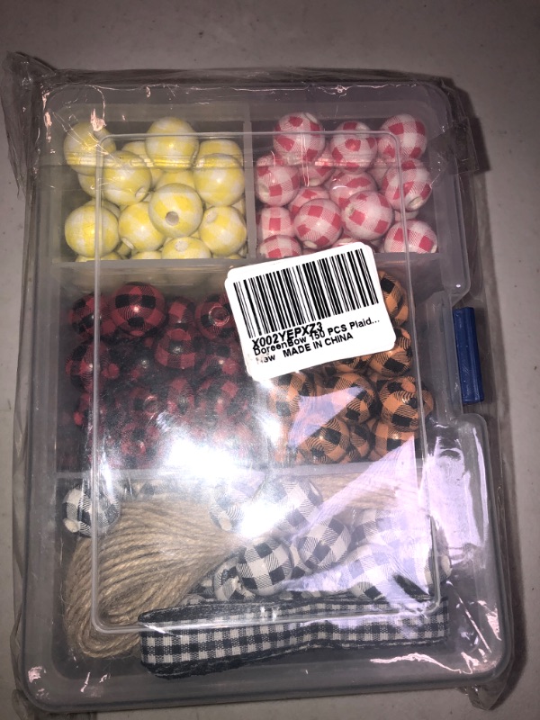 Photo 2 of DoreenBow 150 PCS Plaid Wooden Buffalo Beads,Wooden Beads,Rustic Farmhouse Polished Spacer Print Bead,Handmade Black White Red Yellow Orange Pink Beads with Hemp Rope and Cloth Strips,for DIY Crafts