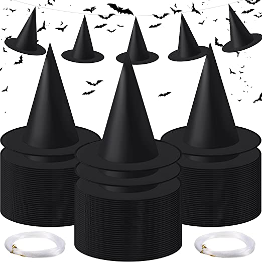 Photo 1 of 100 Pieces Halloween Witch Hat Bulk, Black Witches Hat with 218 Yards Hanging Rope for Halloween Party Masquerade Cosplay Costume Accessories Holiday Carnivals Halloween Yard Decoration