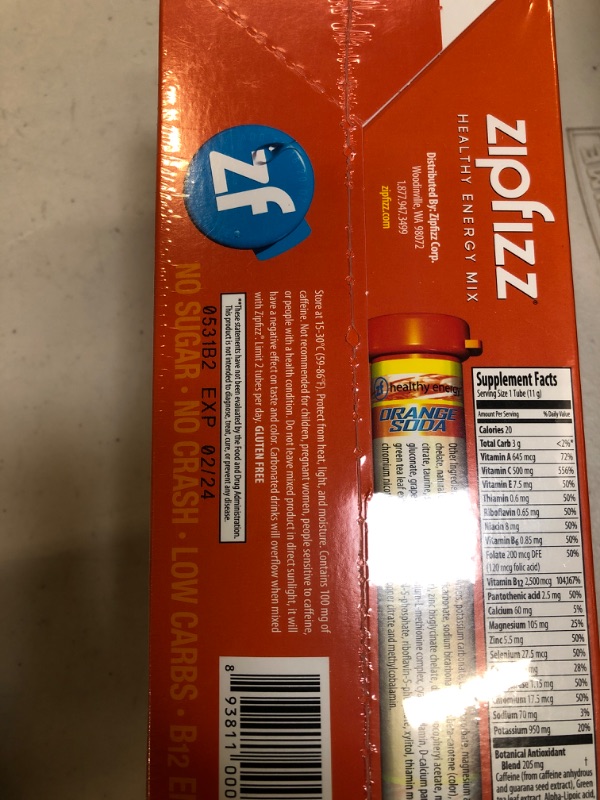 Photo 3 of Zipfizz Healthy Energy Drink Mix, Hydration with B12 and Multi Vitamins, Orange Soda, 0.39 ounce (20 Count), EXP 02/2024