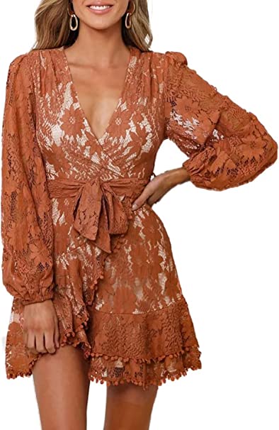 Photo 1 of FARYSAYS WOMEN'S SHORT SLEEVE LACE WRAP MINI DRESSES V NECK RUFFLE COCKTAIL PARTY WEDDING DRESS SIZE MEDIUM (ORANGE)