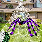 Photo 1 of 17 Ft Giant Spider Web Halloween Decorations Outdoor with 50" Large Purple Spider, Stretch Cobweb,10 Glow in The Dark Spiders 10 Fake Spiders Halloween Indoor Outside Creepy Decor Yard Lawn Garden
