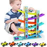 Photo 1 of Heirio Montessori Toys for Toddlers 1 2 3 Year Old Boys Girls, Wooden Car Ramp Toy Includes 6 Cars and Wood Parking Lot, Race Track Gift for Kids
