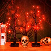 Photo 1 of 2 Pcs 24 Inch Halloween Orange Lighted Birches Tree Halloween LED Birch Tree Decor 48 Led Battery Operated Tabletop Artificial Black Spooky Tree for Halloween Decorations Indoor Home Table Decor
