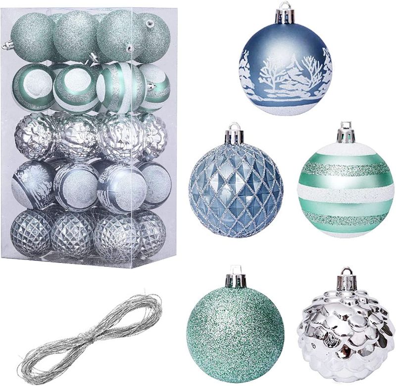 Photo 1 of  30Pcs Blue Christmas Balls Ornaments for Christmas Tree, 6cm/2.37" Shatterproof Painting & Glittering Plastic Hanging Decorations Balls Baubles Set for Holiday Wedding Party Decor