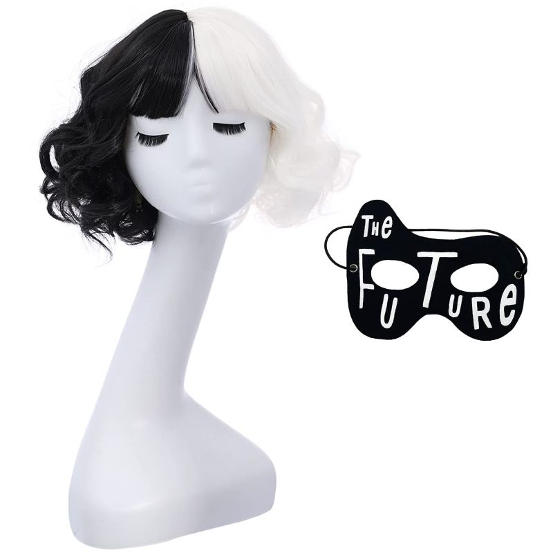 Photo 1 of  Black White Short Wig for Women Curly Wavy Bob Hair Wigs Synthetic Halloween Cosplay Wigs Party Use