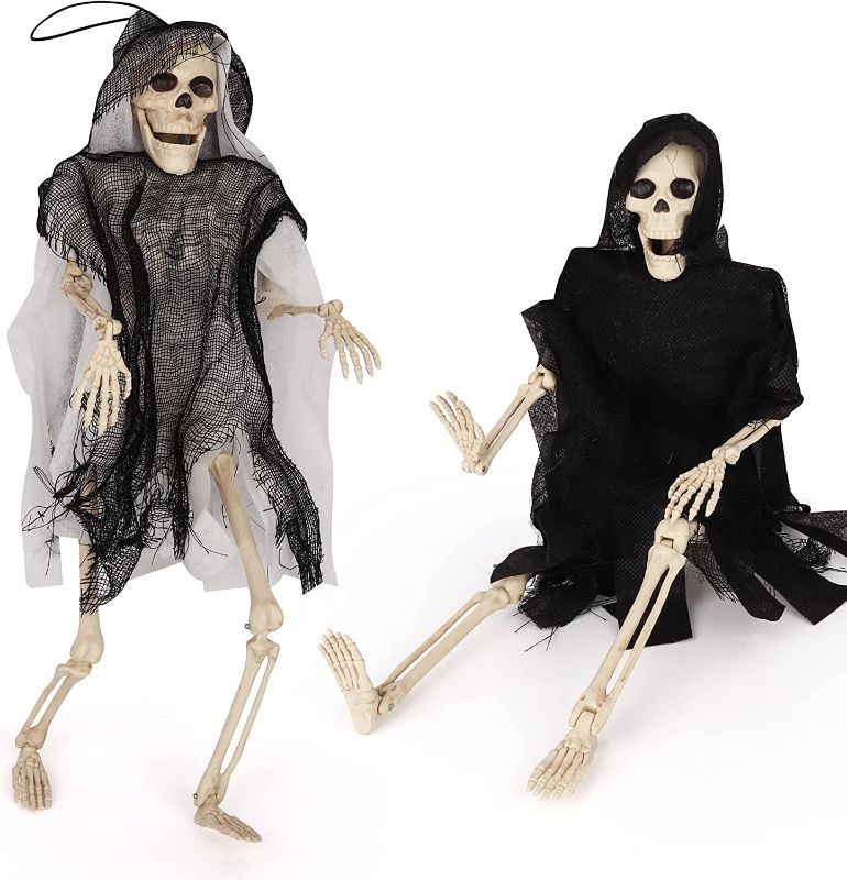 Photo 1 of  2 PCS 16” Halloween Reaper Skeleton Full Body Hanging Grim Reaper Plastic Skeletons with Posable Joint for Halloween Party Decorations, Haunted House Prop Accessories, Indoor Outdoor Decor
--UNOPENED BOX-