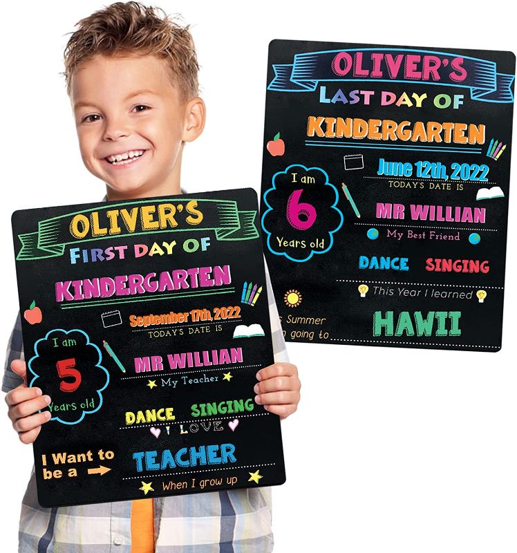 Photo 1 of First Day and Last Day of School Chalkboard Sign-Back to School Board for Kids Preschool/Kindergarten Elementary,10 x 12 inch Double Sided Photo Prop Sign ,Erasable Reusable
