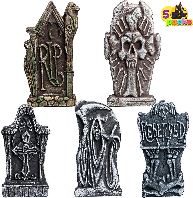 Photo 1 of  5 Pack 17" Halloween Foam Graveyard Tombstone Decorations, Reservel Style Headstone for Yard Sign Decoration, Outdoor Halloween Props, Halloween