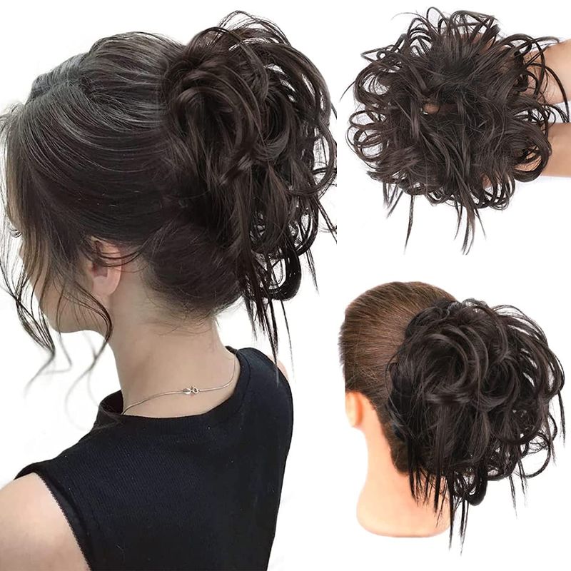 Photo 1 of HMD Tousled Updo Messy Bun Hair Piece Hair Extension Ponytail With Elastic Rubber Band Updo Extensions Hairpiece Synthetic Hair Extensions Scrunchies Ponytail Hairpieces for Women (Tousled Updo Bun, Darkest Brown Tend to Black)
