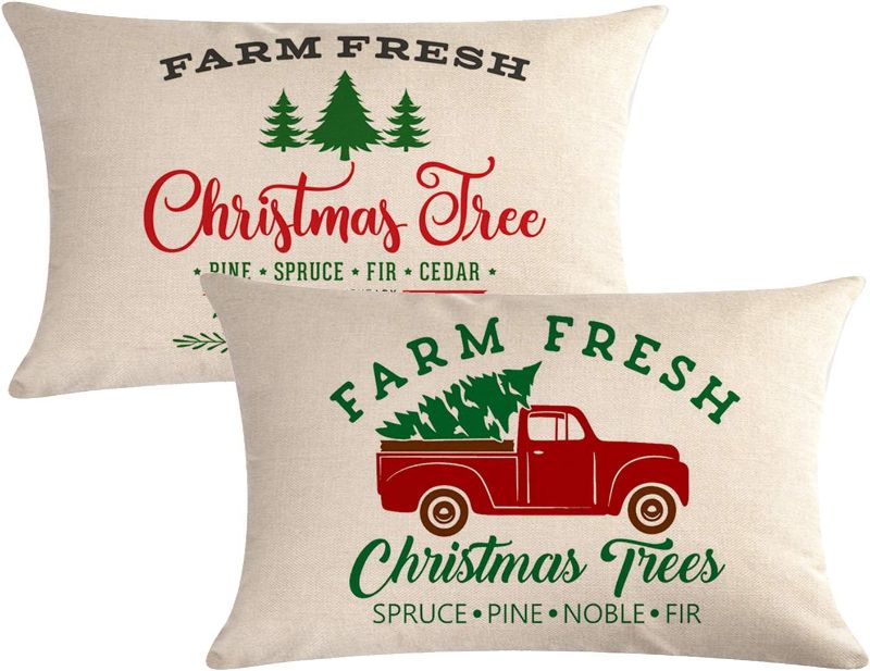 Photo 1 of 2Pack Merry Christmas Throw Pillow Covers Vintage Red Truck/Christmas Tree Rectangular/Waist Cushion Cover Farmhouse Winter Christmas Cotton Linen Home Decorative Pillowcases 12"×20" (12"×20")
