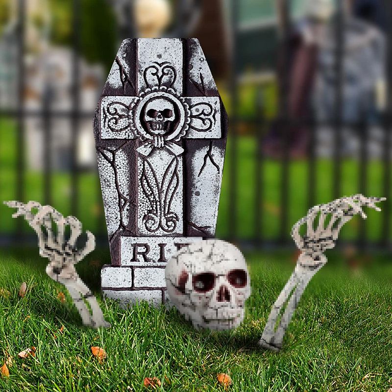 Photo 1 of 4 Pack Halloween Skeleton Stakes Realistic Decorations with Foam Graveyard Tombstones 16.8 Inch, Scary Halloween Skeleton Head Arm Stakes for Halloween Yard Garden Graveyard Decor
